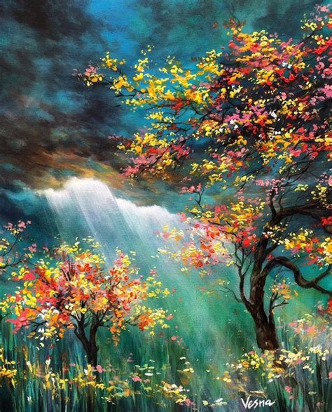 An Oil Painting Of Trees And Flowers In The Rain With Sun Rays Coming