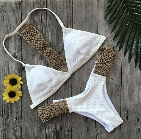 braided rope hand crocheted bikini set 2017 sexy swimwear women bathing suit push up brazilian