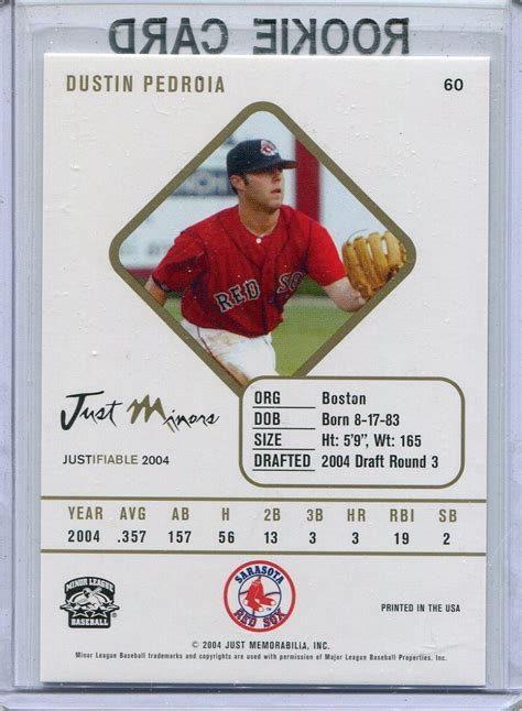 2004 Just Minors Baseball Card Dustin Pedroia Rookie Boston Red Sox Nr