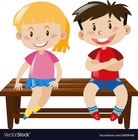 Boy And Girl Sitting On Wooden Seat Royalty Free Vector