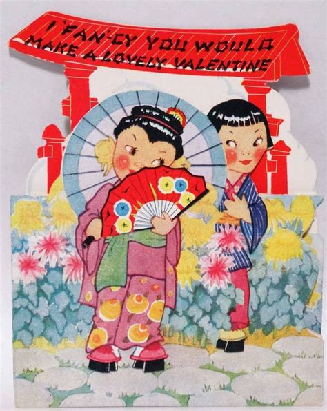 J1255 30s Japanese Geisha Girls Fan Vintage Diecut Valentine Card With