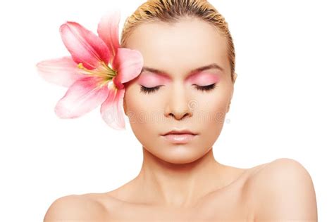 Summer Spa Woman With Beauty Pink Make Up And Flower Stock Image Image
