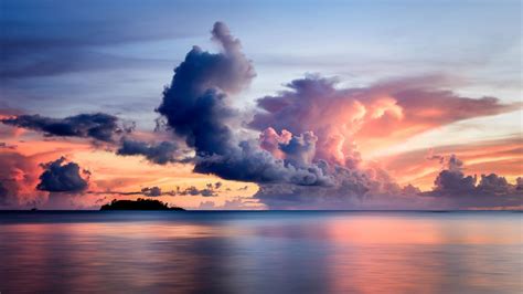 Sea Clouds Horizon Island Sky Sunset Wallpaper Wallscorn