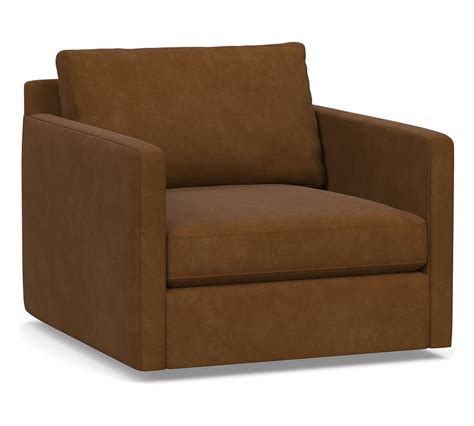 Pacifica Square Arm Leather Swivel Armchair Polyester Wrapped Cushions