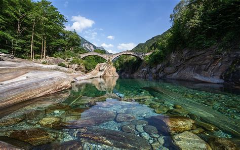 Verzasca River Switzerland Europe Stone Bridge Crystal Clear Water