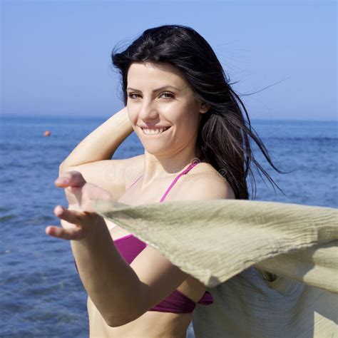 Happy Smiling Woman In Bikini On The Beach Stock Photo Image Of