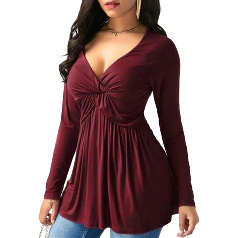 Women Plus Size Sexy Deep V Neck Pleated Blouse2018 Autumn Ladis Long Sleeve Shirts Female Solid