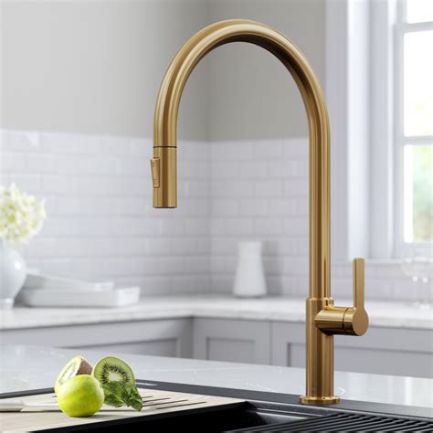 Kraus Oletto High Arc Single Handle Pull Down Kitchen Faucet In Brushed Brass