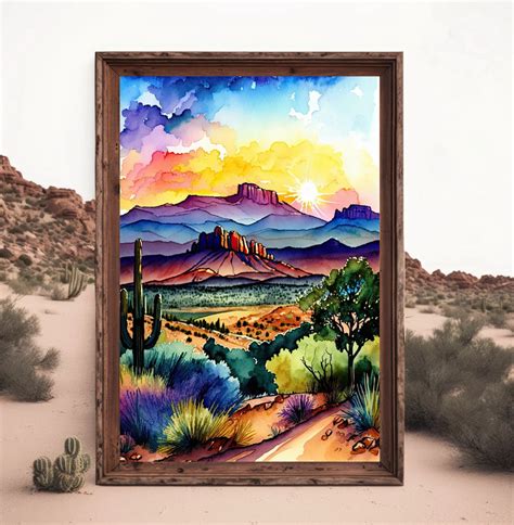 Desert Sunset Print Colorful Watercolor Wall Art Southwest Etsy