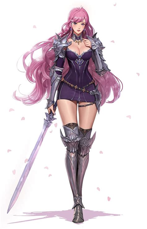 warriror girl with pink hair and sword oc anime art [artist junq jeon] original anime