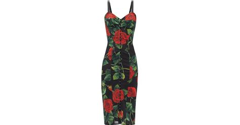 Dolce Gabbana Bustier Bodice Rose Print Midi Dress Lyst