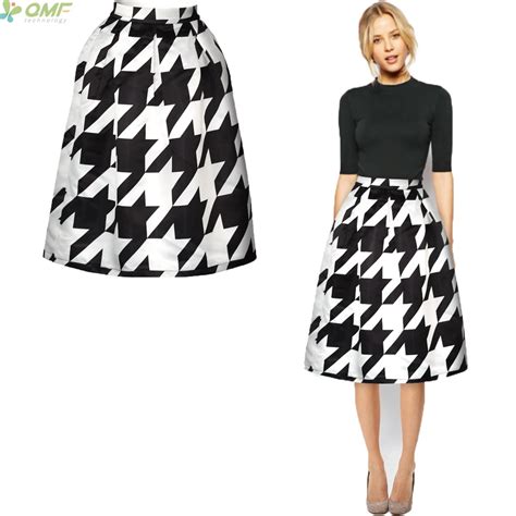 Classic Houndstooth Pattern Midi Skirts A Line Vintage Fashion Women Skirt Black And White