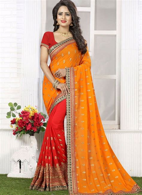 Red And Yellow Bamber Georgette Stylish Wedding Saree Saree Designs