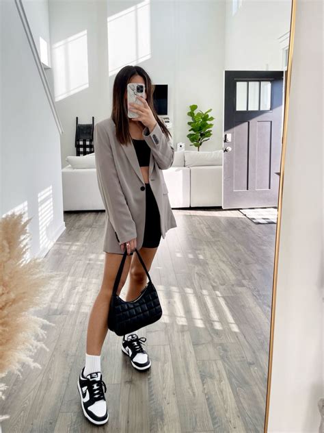 Nike Dunk Low Outfit Blazer And Biker Shorts Street Style Women