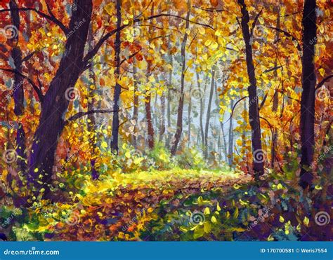 Oil Painting Landscape Colorful Autumn Forest Stock Illustration