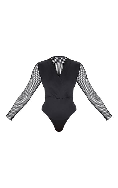 Black Long Sleeve Fishnet Plunge Bodysuit Prettylittlething