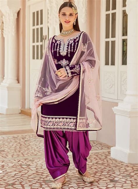 Purple Velvet Embroidered Punjabi Suit Punjabi Dress Design Punjabi Suits Salwar Kameez Designs