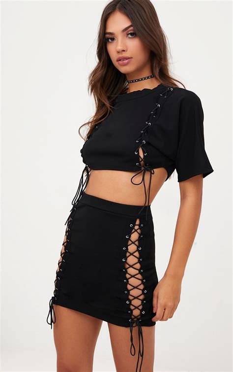 Black Lace Up Front Mini Skirt Skirts Prettylittlething Usa