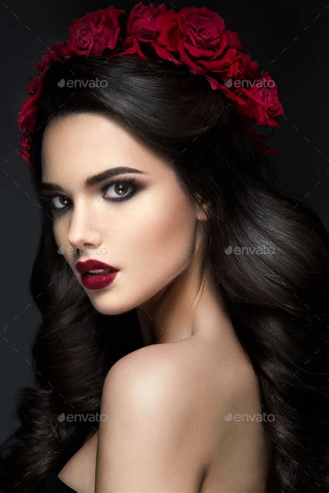 Beauty Fashion Model Girl Portrait With Roses Hairstyle Red Lips