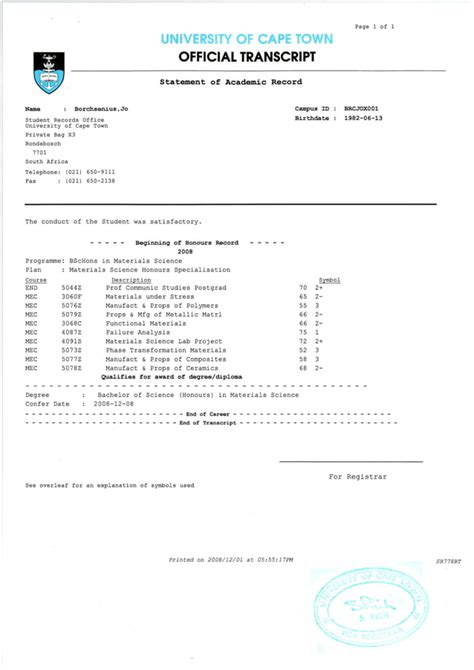 Uct Transcript Of Official Academic Record Pdf