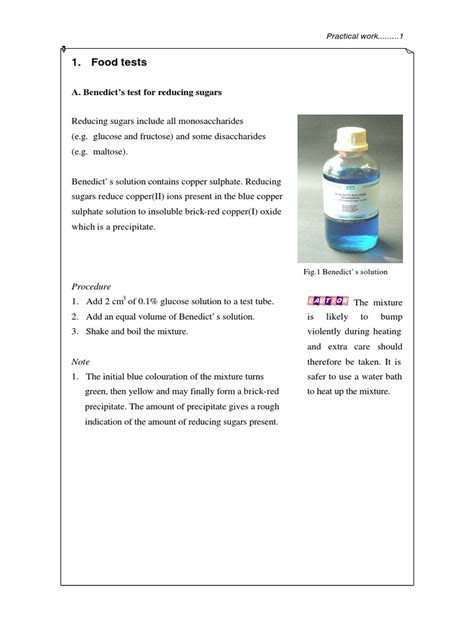 Food Tests A Benedicts Test For Reducing Sugars Pdf