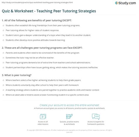 Quiz And Worksheet Teaching Peer Tutoring Strategies