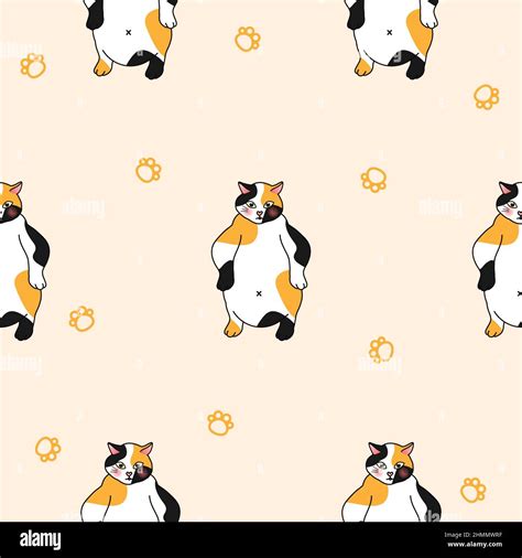 Calico Cat Seamless On Ivory Background Vector Illustration Stock