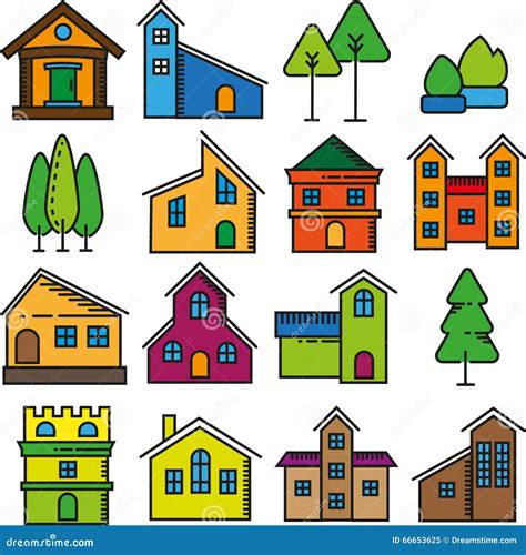 Set Of Beautiful Homes Flat Design Icons Stock Vector Illustration
