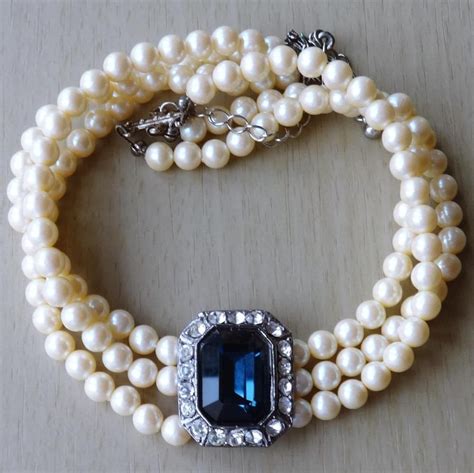 vintage 3 row pearl diamante sapphire blue stone choker necklace stone choker blue stone