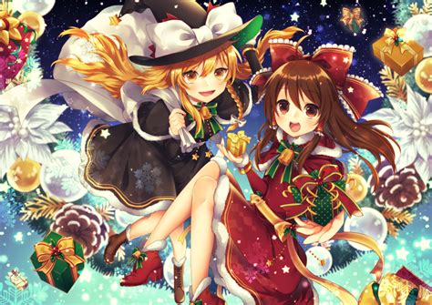 2girls Blonde Hair Boots Brown Eyes Brown Hair Christmas Hakurei Reimu Hat Kirisame Marisa Long