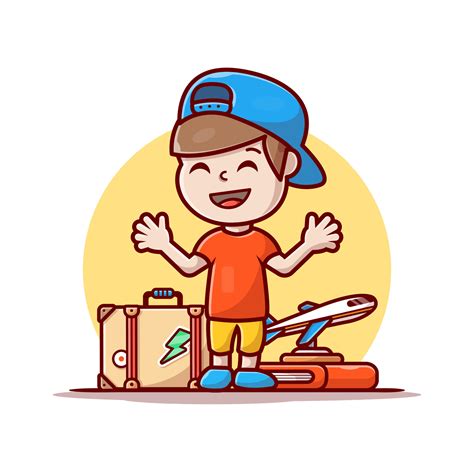 Cute Boy Travelling Cartoon Vector Icon Illustration People Holiday