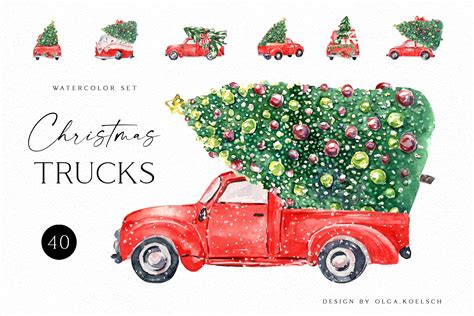Red Christmas Trucks Watercolor Design Cuts