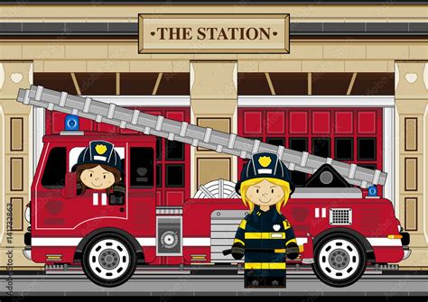 Cute Cartoon Firefighters And Fire Engine Stock Vector Adobe Stock