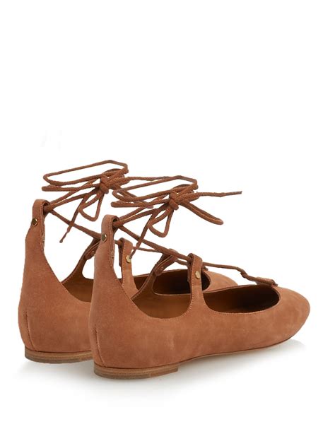 chloé lace up suede ballet flats in brown lyst