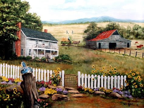 Cottage American Folk Art Landscape Summer Print Old Barn Country