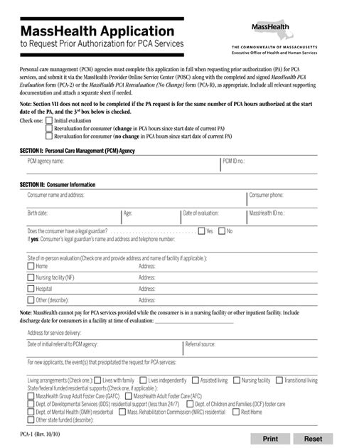 Ma Masshealth Pca 1 Application 2010 2021 Fill And Sign Printable