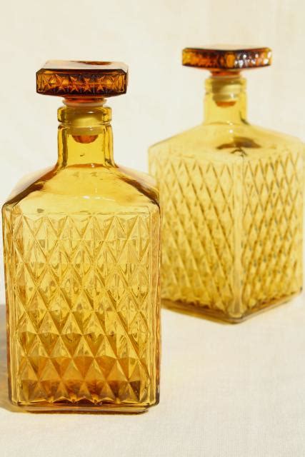 Vintage Amber Glass Decanters Square Decanter Bottles 1960s Retro Barware