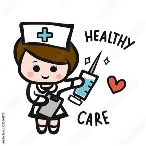 Nurse And Vaccine Injection Needle Cartoon Doodle Style Vector