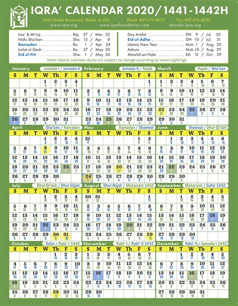 Iqra Calendar 2020 1441 1442h Islamic Dates 196