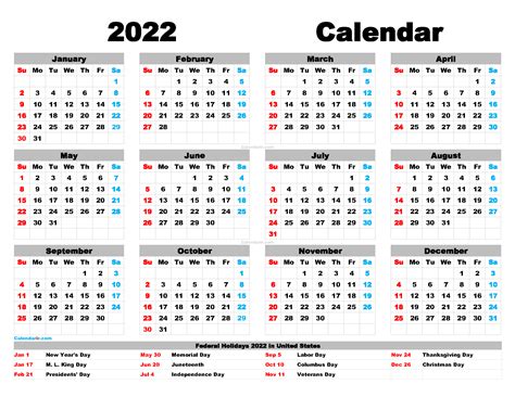 2022 Calendar Printable One Page Printable Calendar 2022