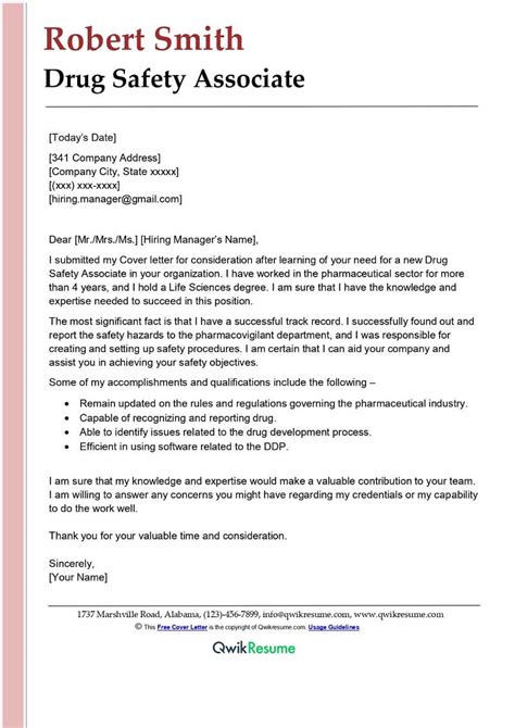Drug Safety Associate Cover Letter Examples Qwikresume