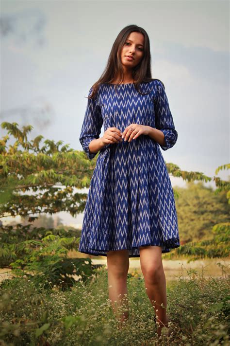 Blue Handwoven Ikat Pleated Dress By Mogra Designs Casual Frocks