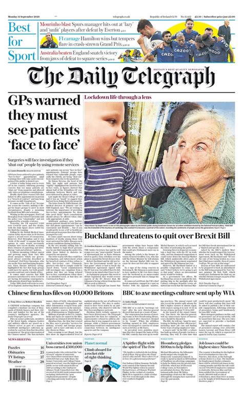 Daily Telegraph Front Page 14th Of September 2020 Tomorrows Papers