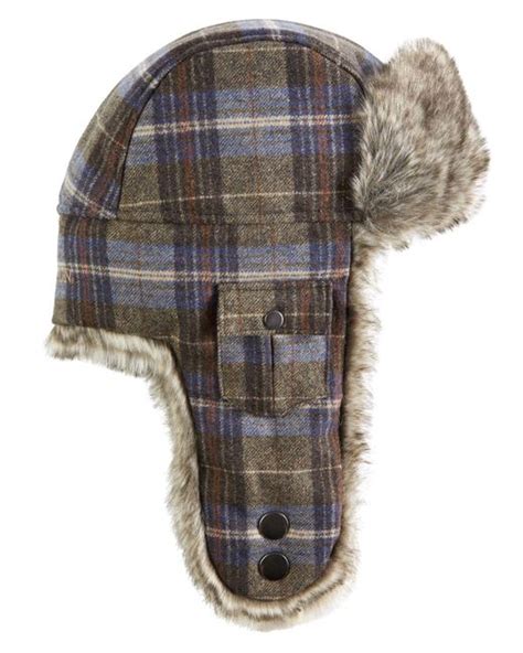 Stetson Plaid Faux Fur Trim Trapper Hat In Brown Gray For Men Lyst