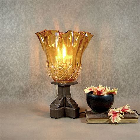Custom Amber Glass Buffet Lamp Vintage Lamp Base With Handmade Glass
