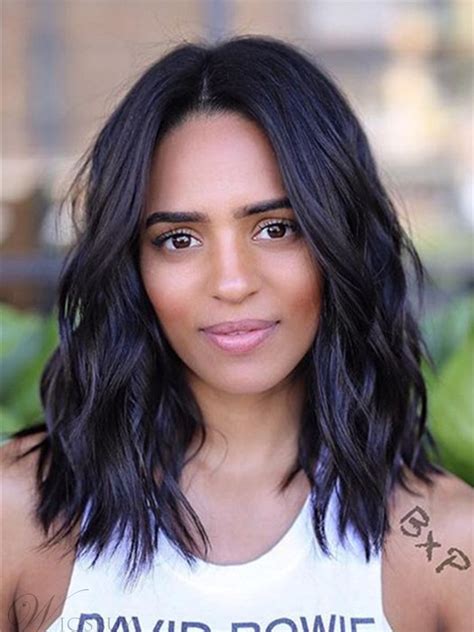 Graceful black wavy shoulder length human hair wig for women, shoulder