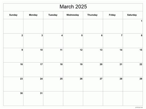 Printable March 2025 Calendar Classic Blank Sheet