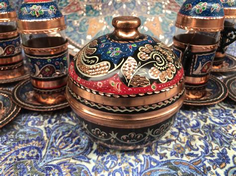 Turkish Tea Serving Set With Colorful Tray For 6 Copper Tea Etsy