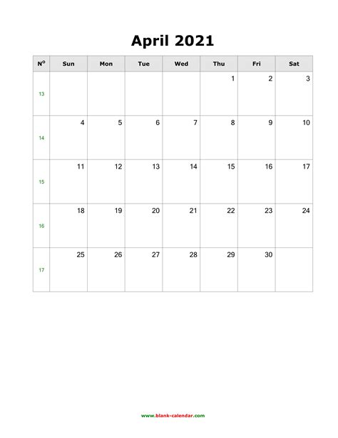 Download April 2021 Blank Calendar With Us Holidays Vertical