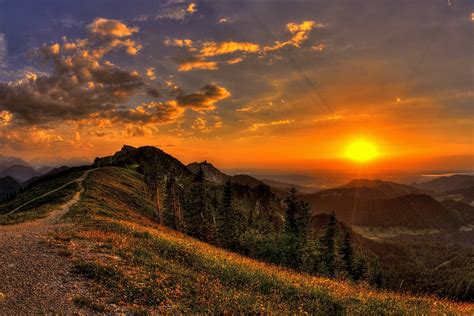 Nature Sunset Sun Rays Views Next Mountain Flower Landscape Grass Tree Sky Clouds Scenery View